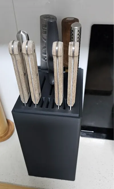 Black 3D-printed kitchen knife block holding knives and steak knives